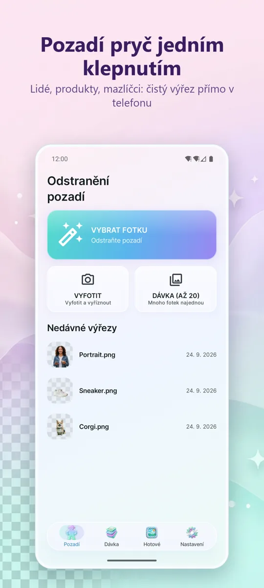 Odstranění pozadí: hlavní obrazovka