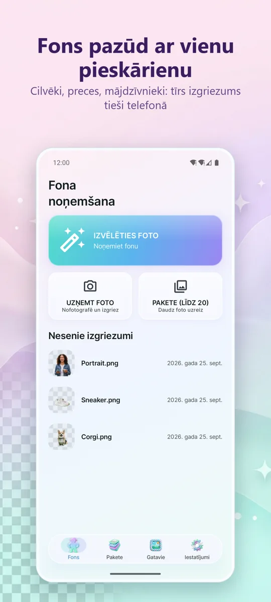 Fona noņemšana: galvenais ekrāns