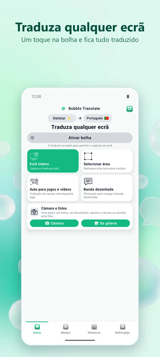 Bubble Translate: ecrã principal