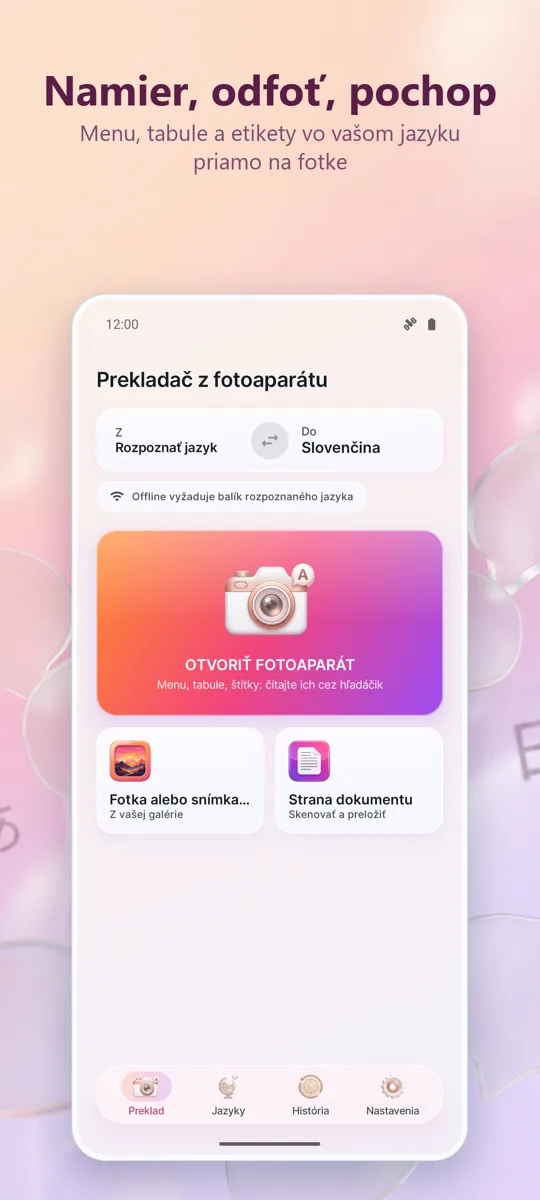 Prekladač fotoaparátom: hlavná obrazovka