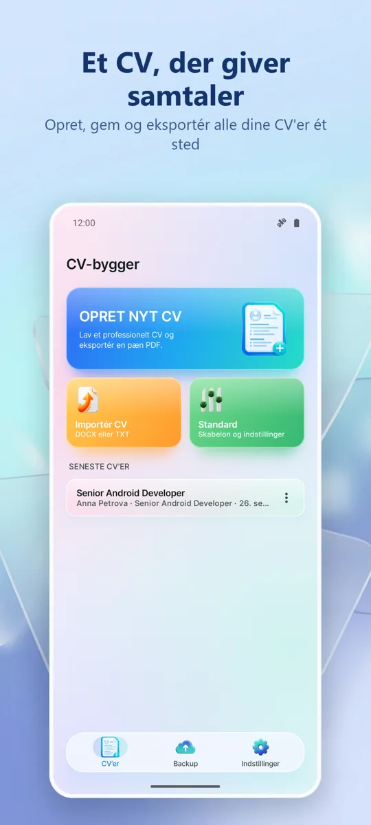 CV-bygger: Lav dit CV: hovedskærm