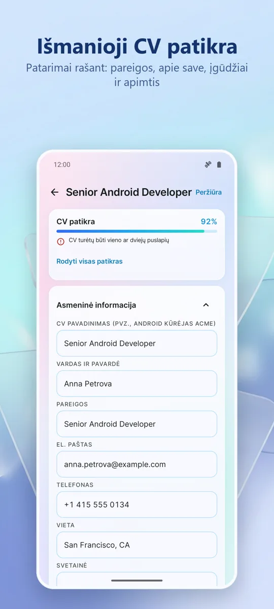 CV kūrimas: Gyvenimo aprašymas: ekrano kopija 2