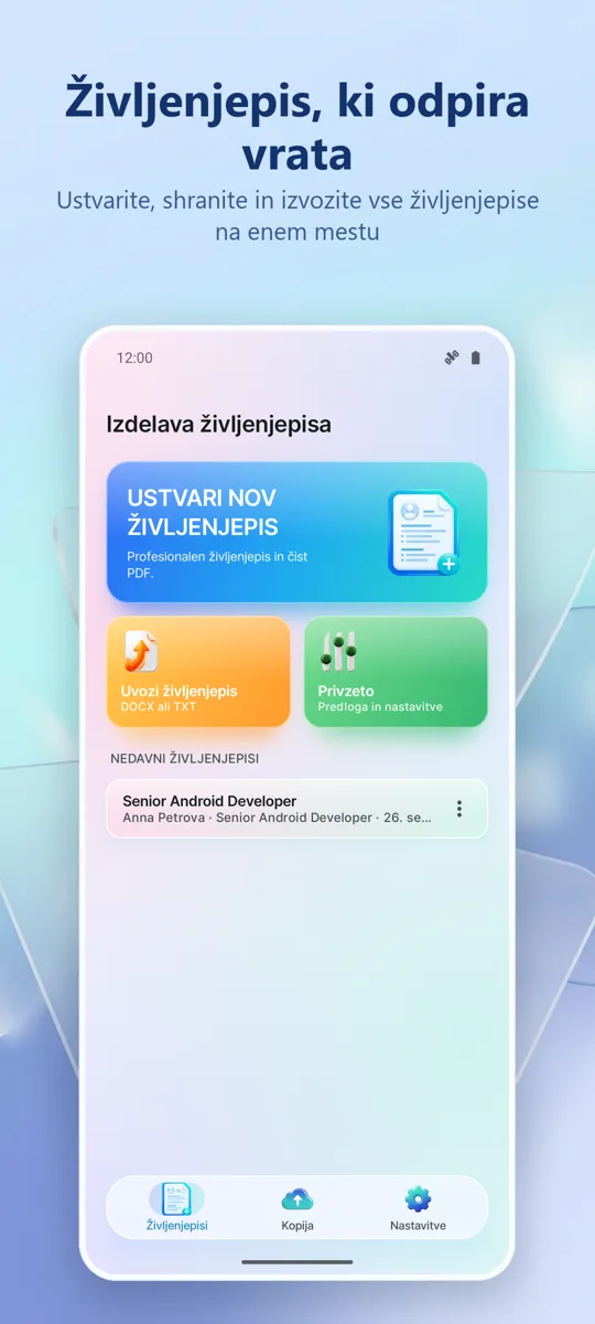 Izdelovalec CV-jev: glavni zaslon