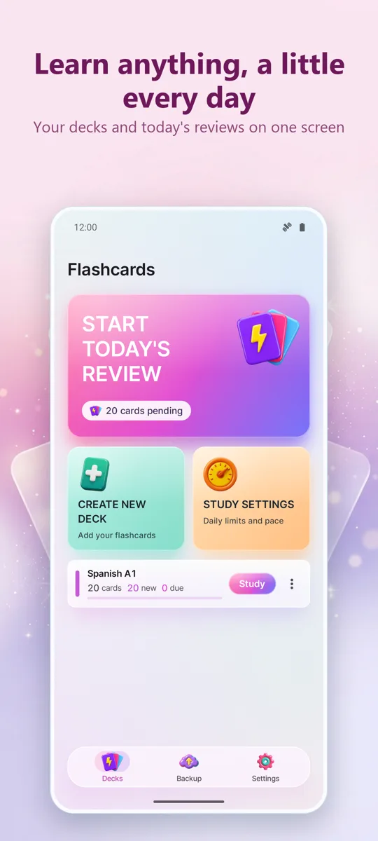 Flashcards: Spaced Study: main screen