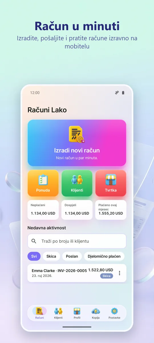 Izrada računa: PDF naplata: glavni zaslon