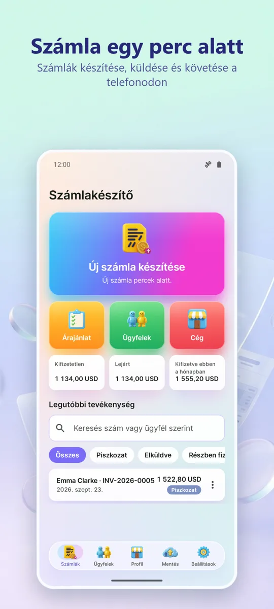 Számlák és árajánlatok PDF: főképernyő