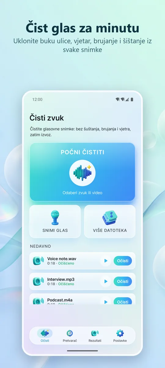 Uklanjanje šuma: Čist zvuk: glavni zaslon