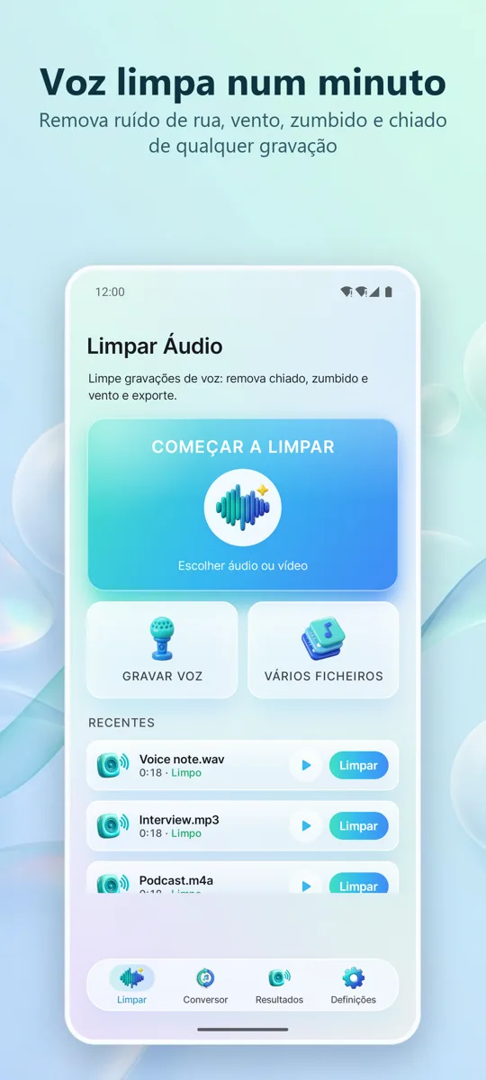 Remover Ruído: Áudio Limpo: ecrã principal