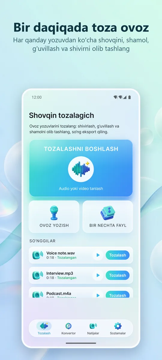 Shovqinni tozalash: Toza audio: asosiy ekran