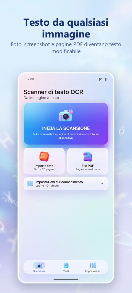 Scanner OCR: Immagine a Testo: schermata principale