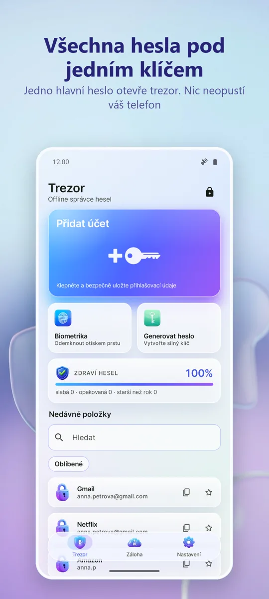 Správce hesel: Trezor: hlavní obrazovka