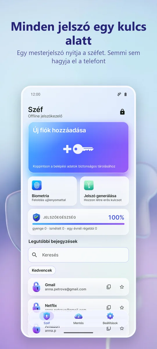 Jelszókezelő: Széf: főképernyő