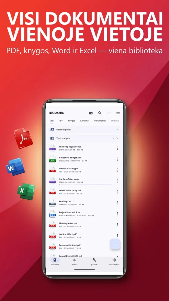 PDF skaityklė: vertimas, balsu: pagrindinis ekranas