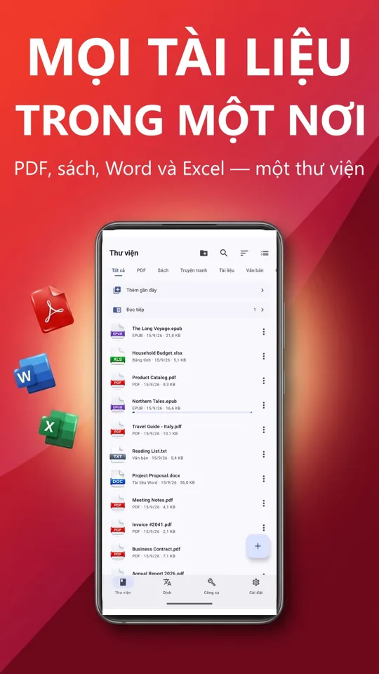 Đọc PDF: dịch, đọc to: màn hình chính