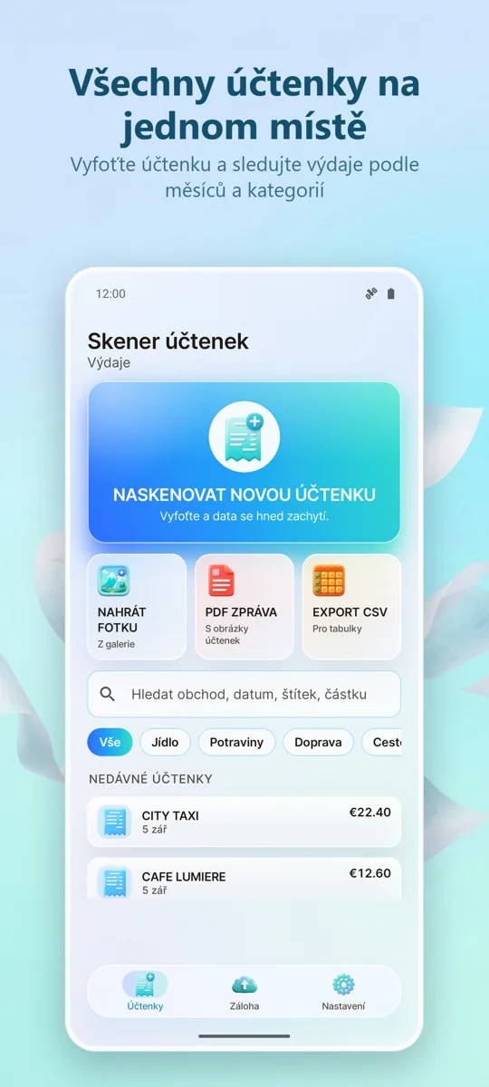 Skenování účtenek: Výdaje: hlavní obrazovka