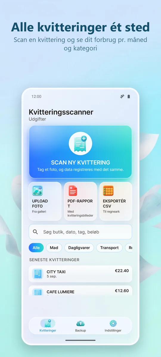 Kvitteringsscanner: Udgifter: hovedskærm