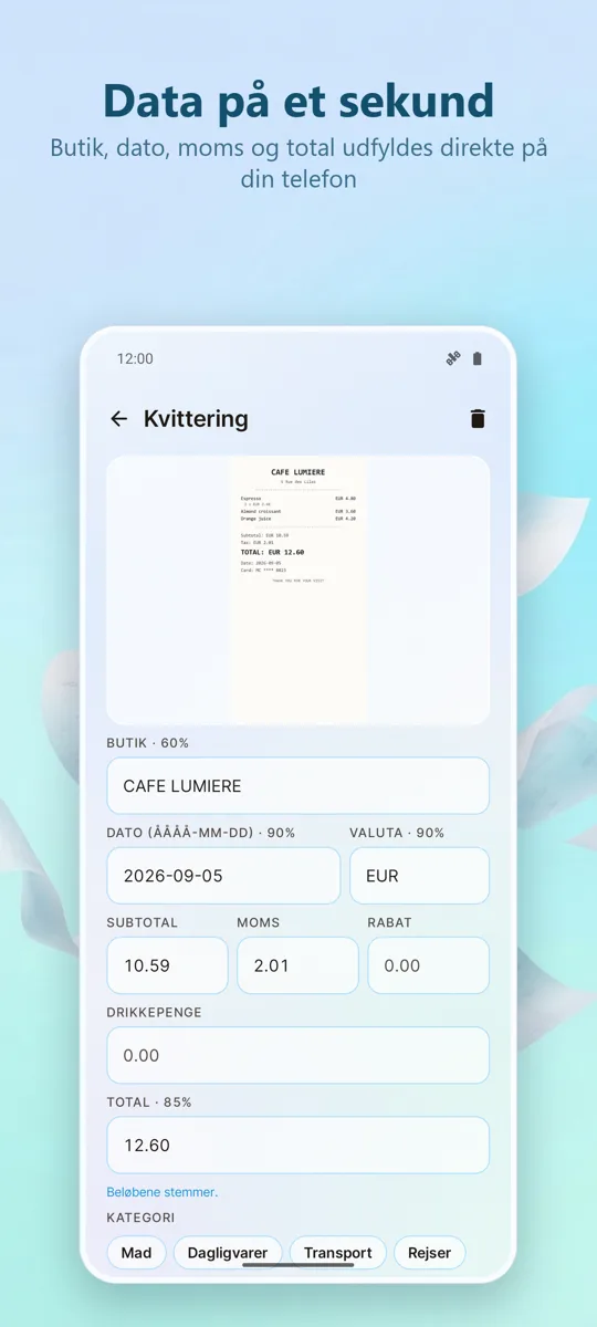 Kvitteringsscanner: Udgifter: skærmbillede 2