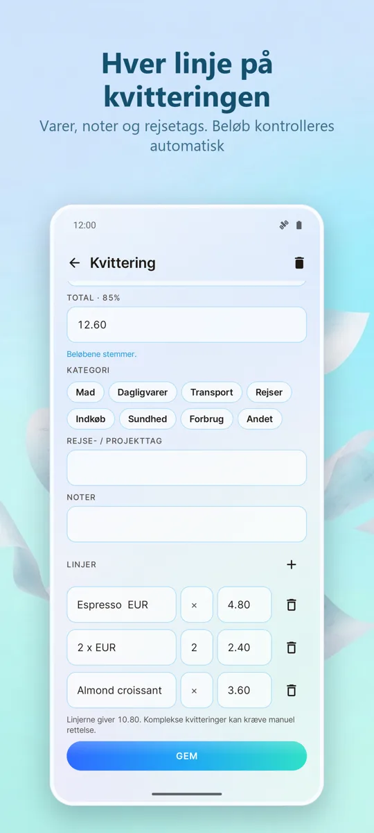 Kvitteringsscanner: Udgifter: skærmbillede 3