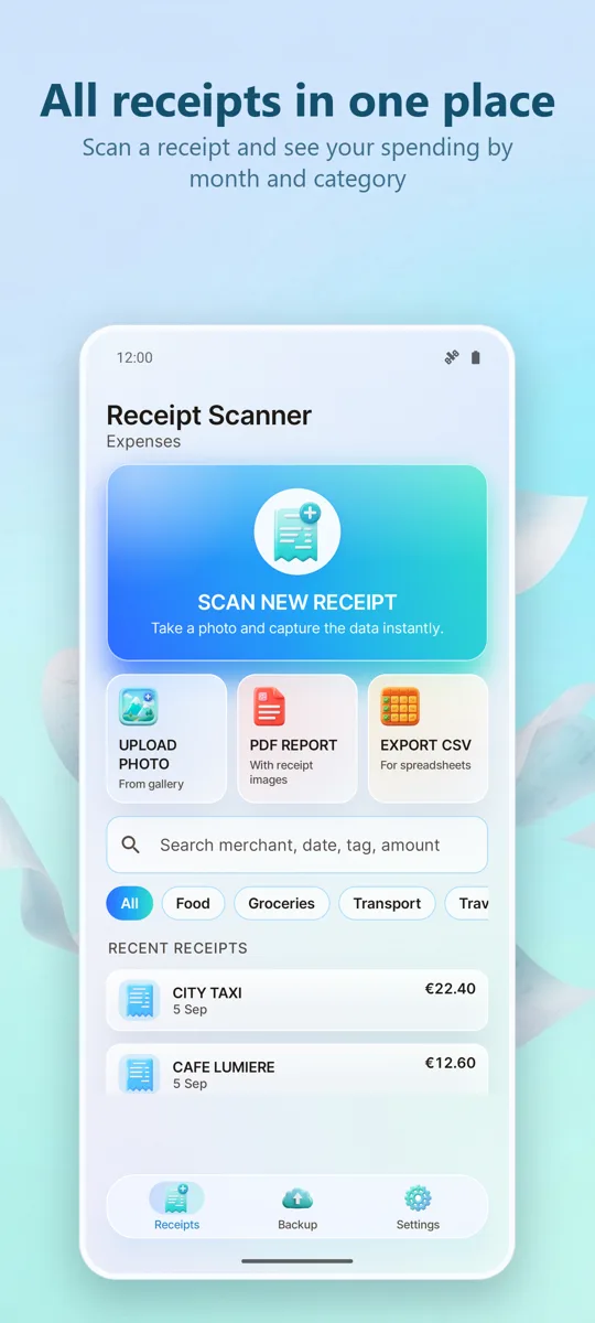 Receipt Scanner: Expenses: main screen