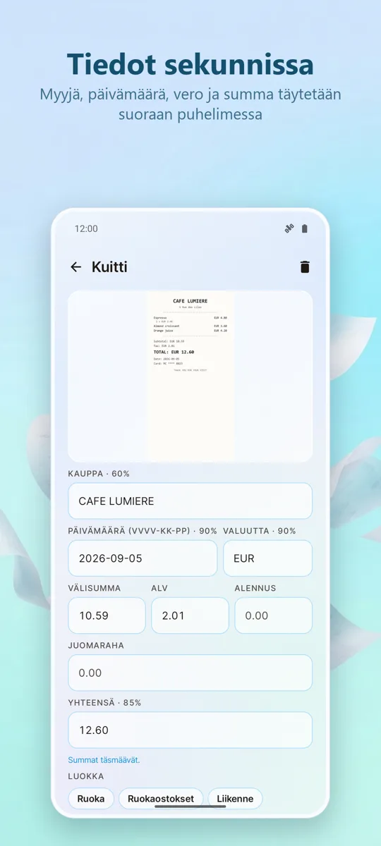 Kuittiskanneri: Kulut: kuvakaappaus 2