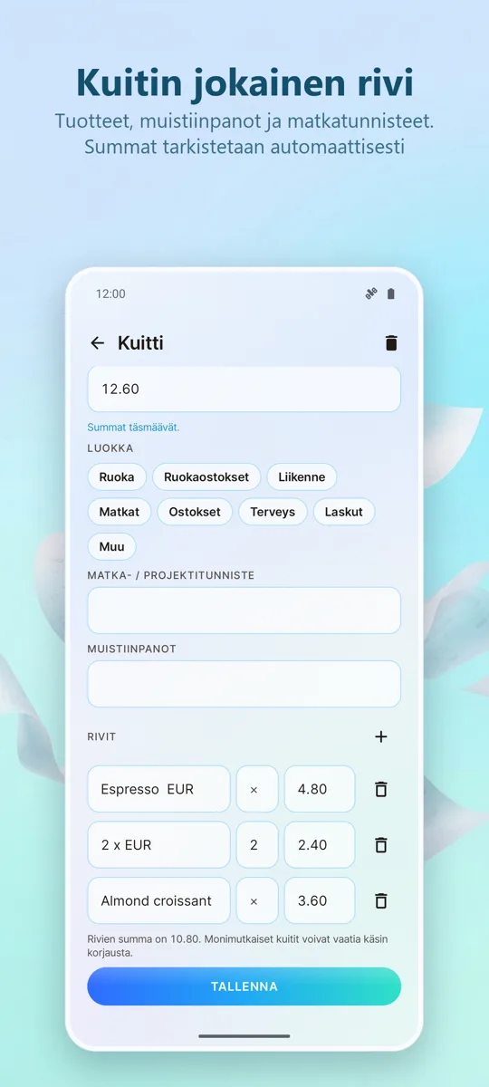 Kuittiskanneri: Kulut: kuvakaappaus 3