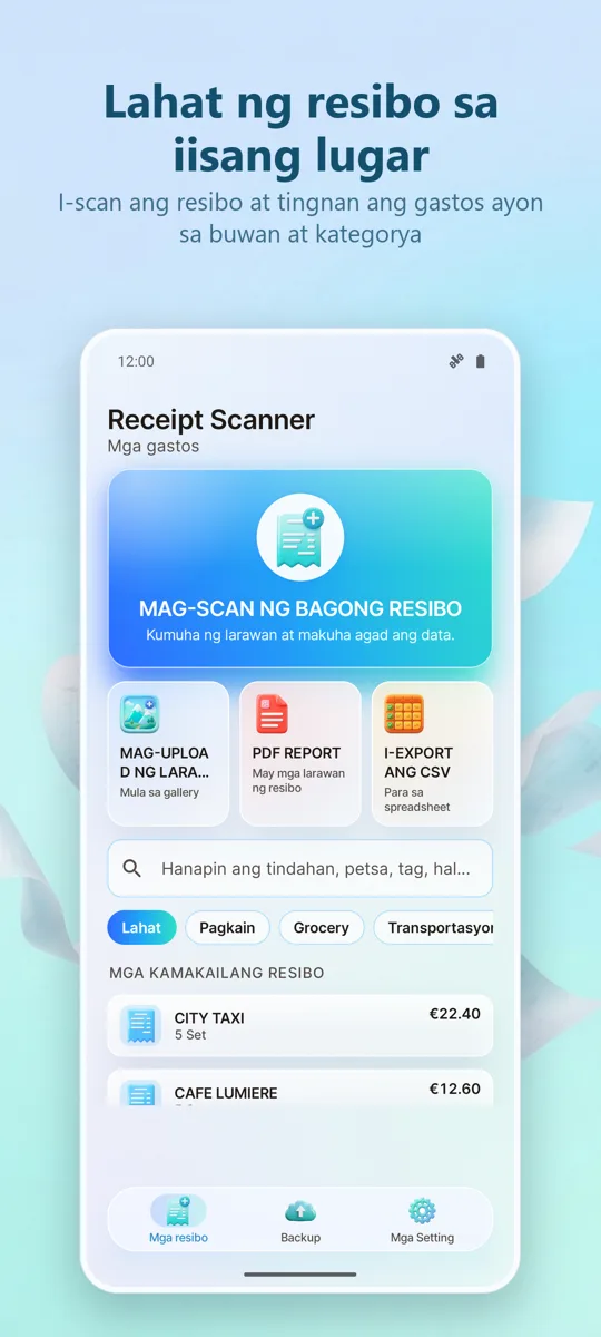 Receipt Scanner: Gastos: pangunahing screen
