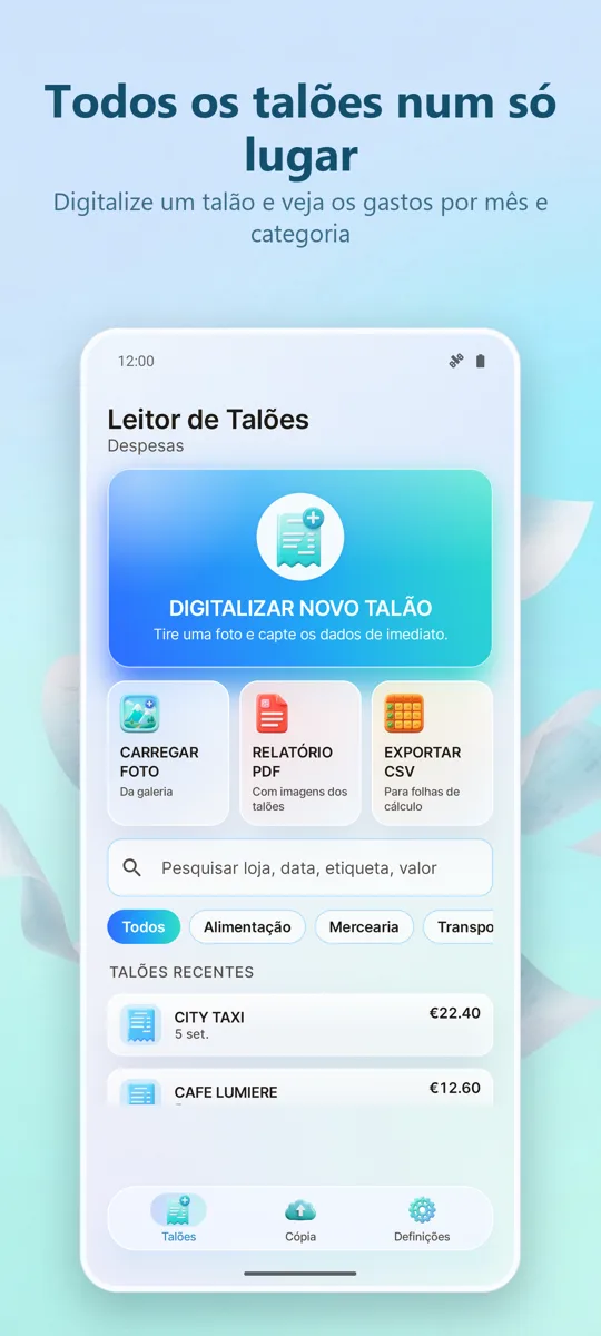 Leitor de Recibos: Despesas: ecrã principal
