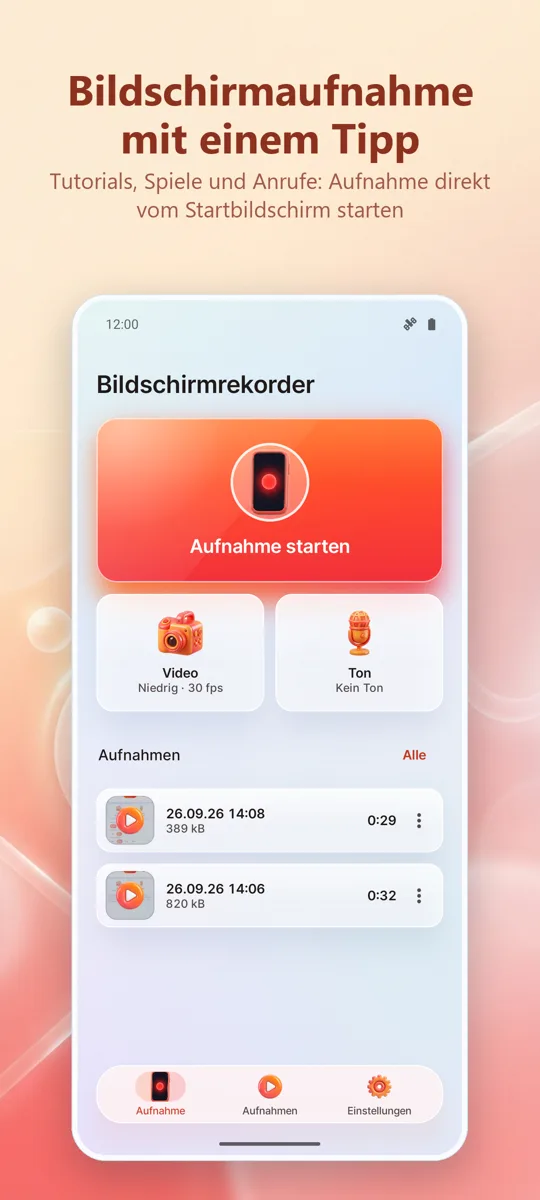 Bildschirmrekorder: HD Record: Hauptbildschirm