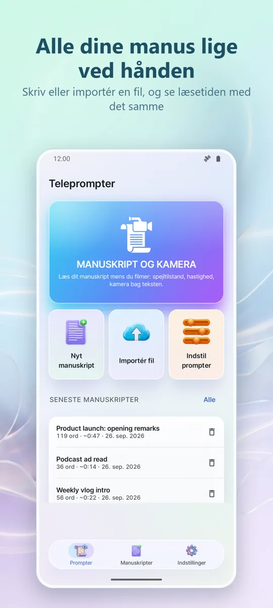 Teleprompter til Video: hovedskærm