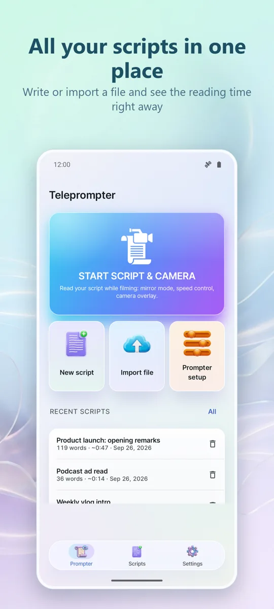 Teleprompter for Video: main screen