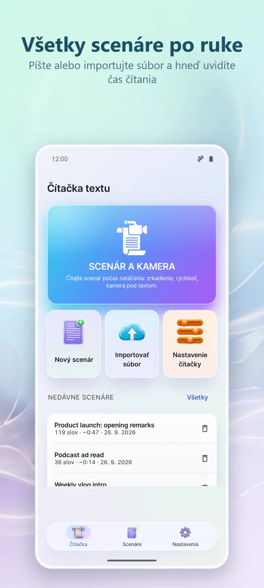 Teleprompter na video: hlavná obrazovka