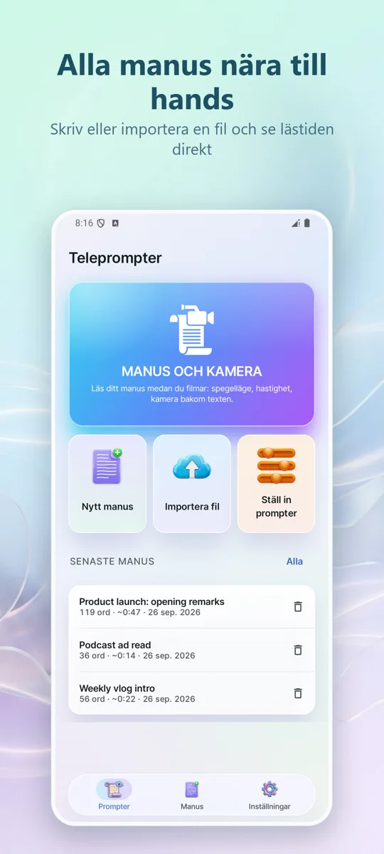 Teleprompter för Video: huvudskärm