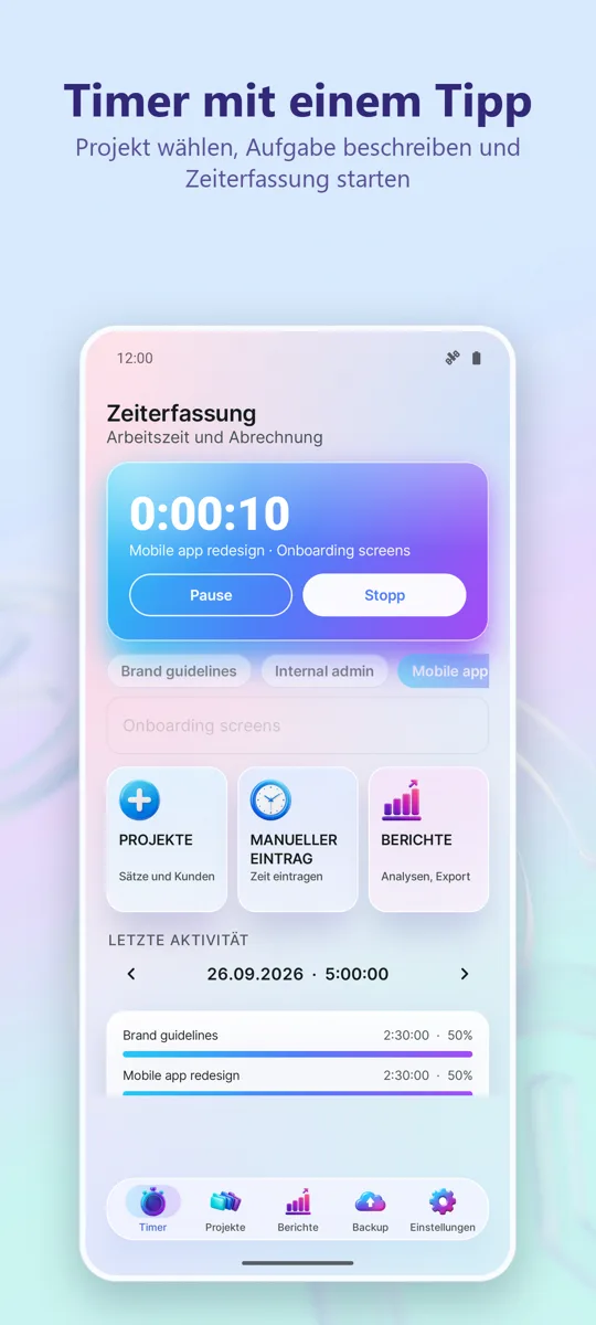 Zeiterfassung: Arbeitsstunden: Hauptbildschirm