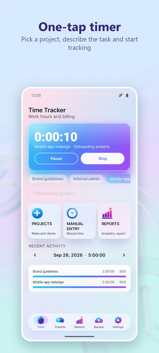 Time Tracker: Work Hours: main screen
