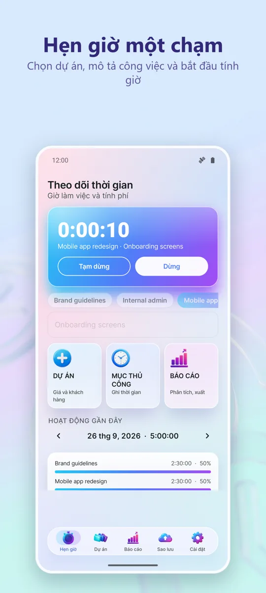Theo Dõi Thời Gian: Giờ Làm: màn hình chính
