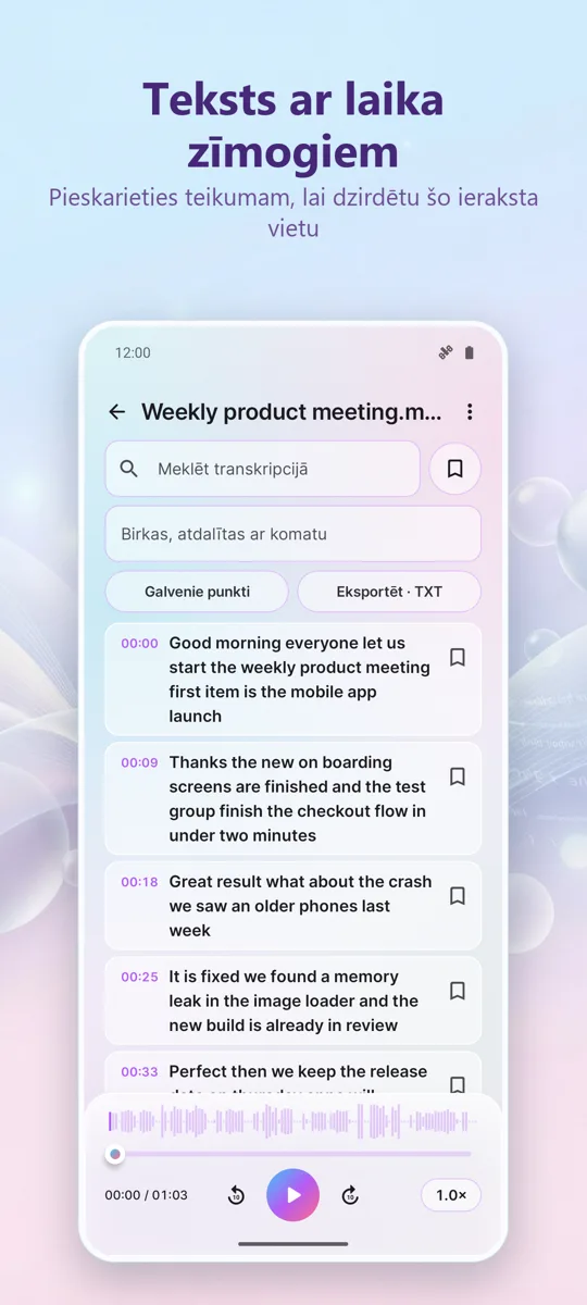 AI transkripcija un subtitri: ekrānuzņēmums 2