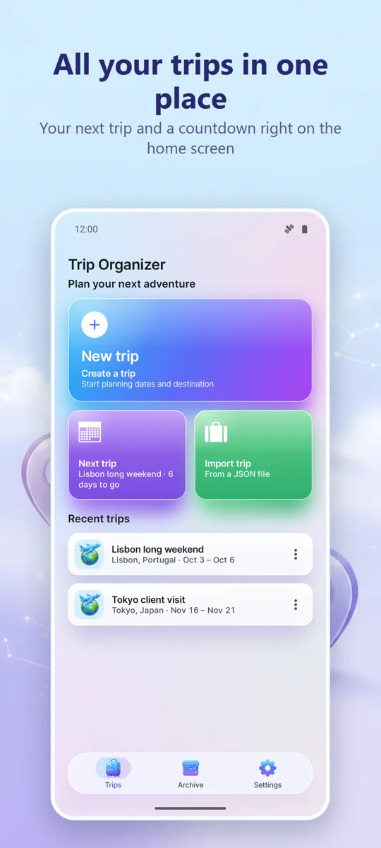 Trip Organizer: Planner: main screen