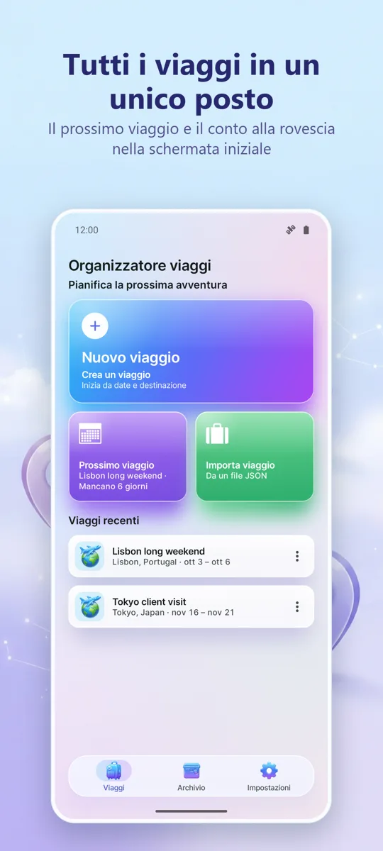 Organizzatore Viaggi: schermata principale