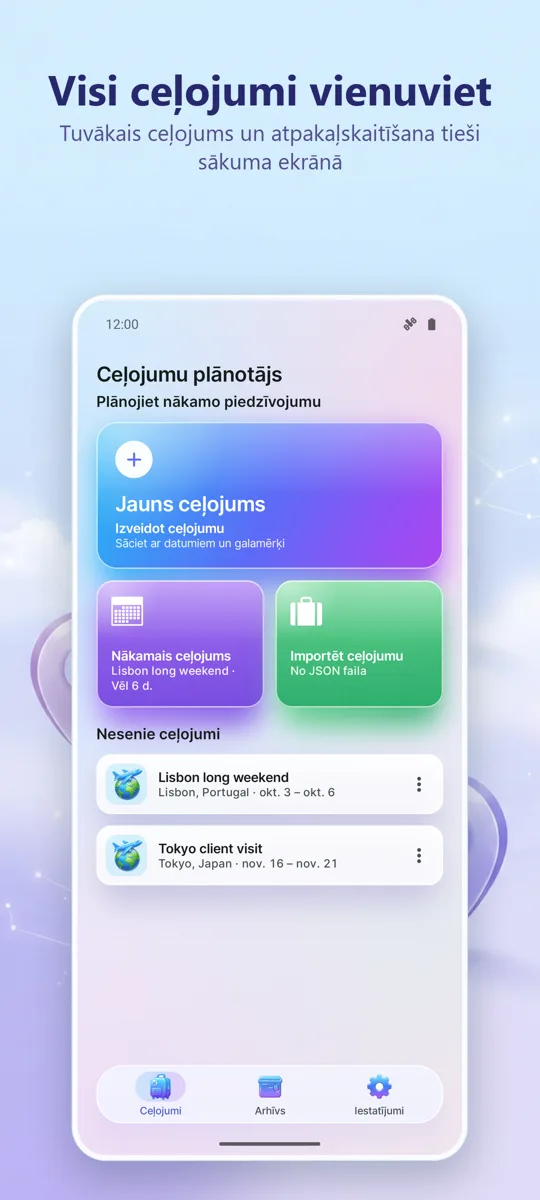 Ceļojumu organizators: galvenais ekrāns