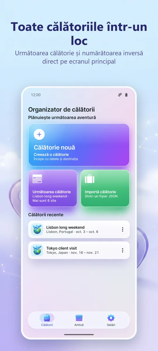 Organizator Călătorii: ecranul principal