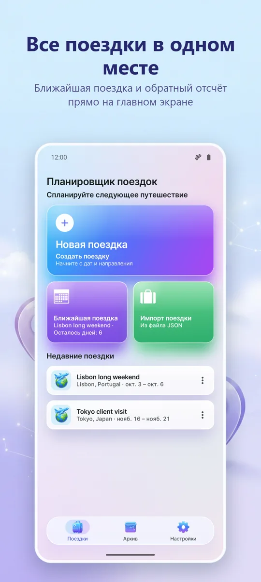 Органайзер поездок: главный экран