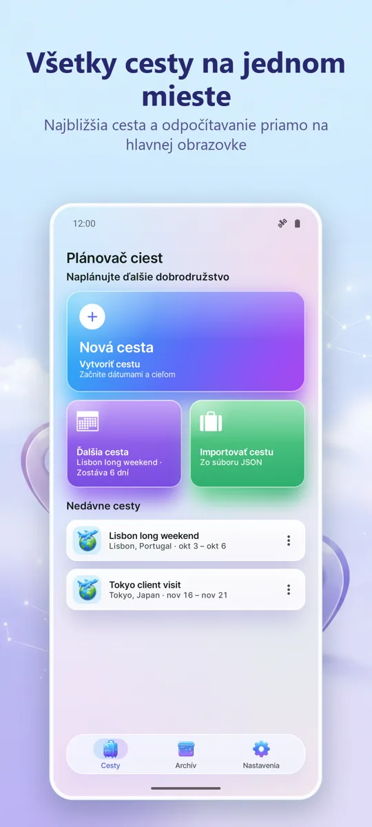 Organizátor ciest: hlavná obrazovka