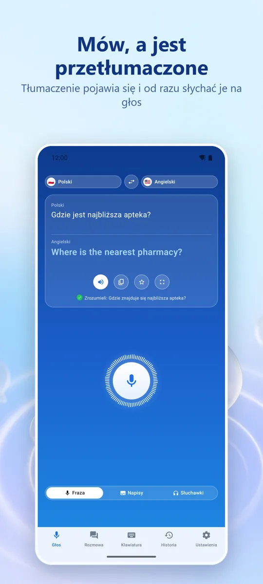 Voice Translate: ekran główny